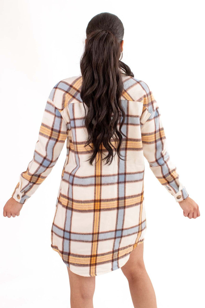 Long Blue Golden Plaid Shacket