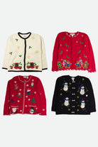 Four vintage women's ugly Christmas sweaters in red, white, and black with festive holiday designs and decorations.