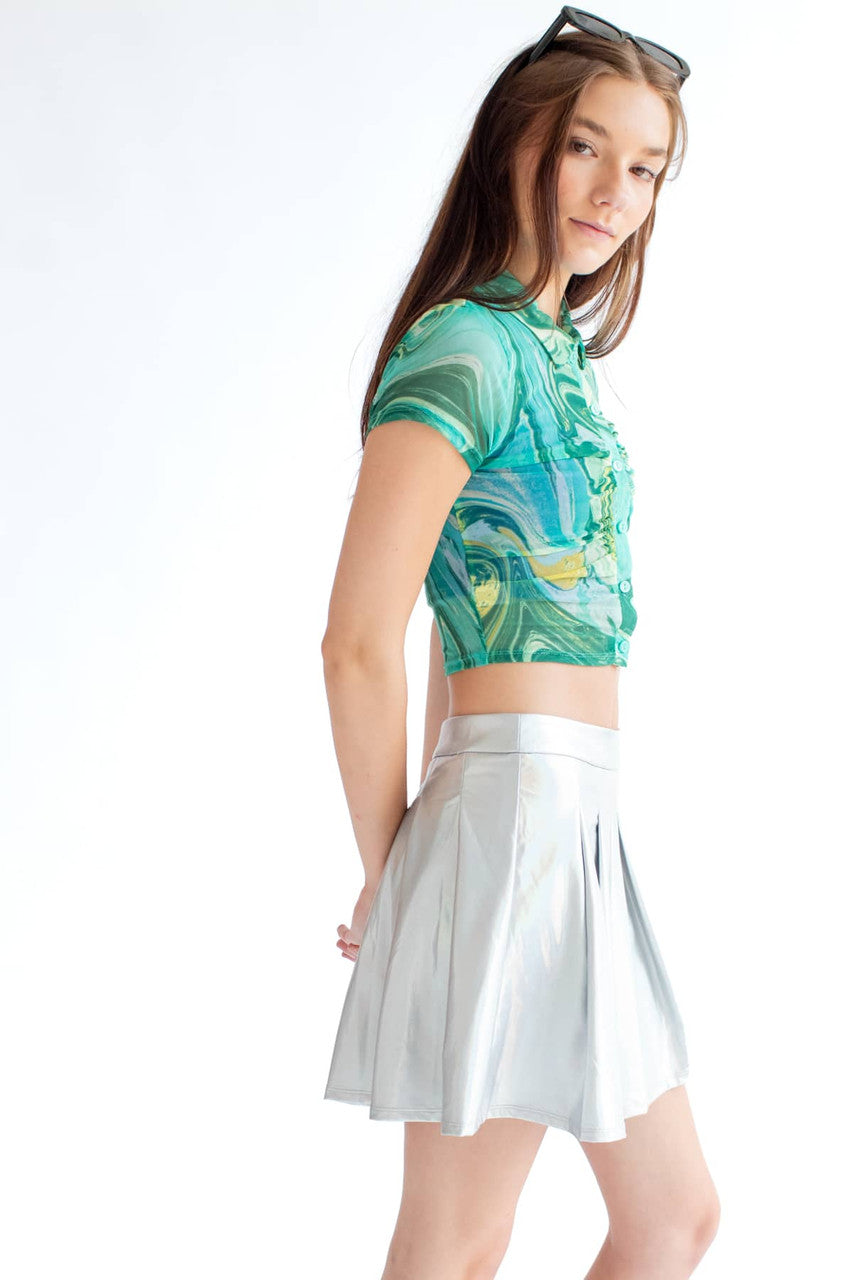 Marbled Minty Green Ruched Mesh Polo