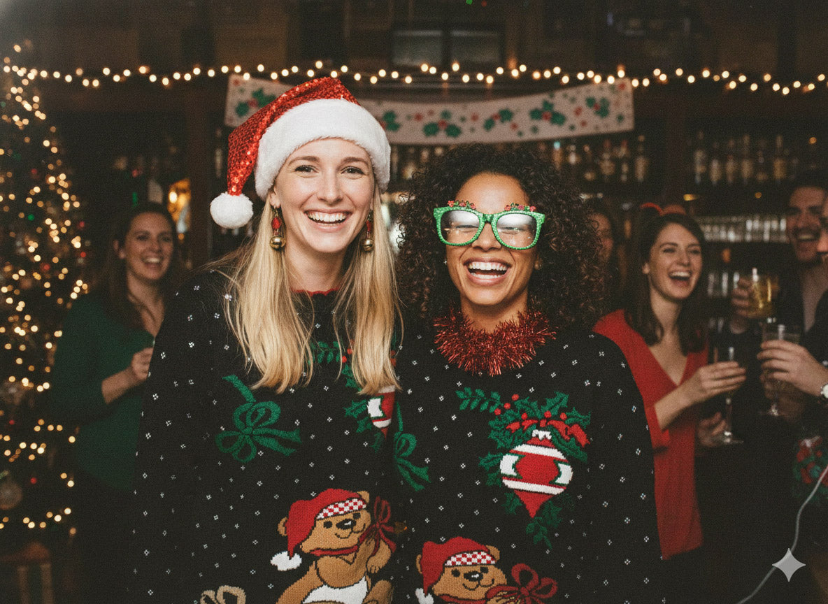 Two women wearing Christmas-themed sweaters and hats in a festive setting with decorations and people in the background.