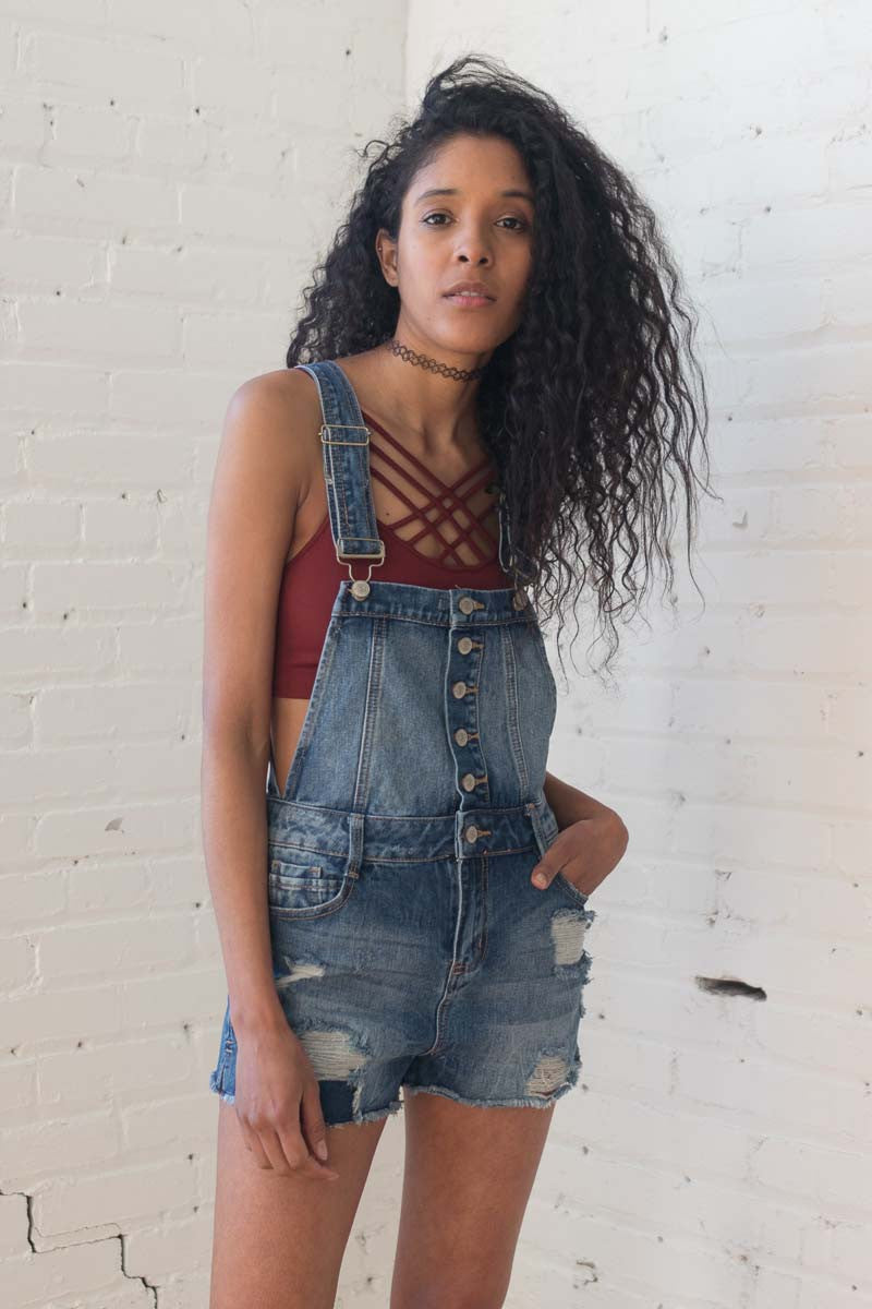 Medium Wash Overall Shorts