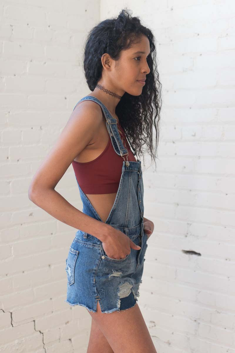 Medium Wash Overall Shorts