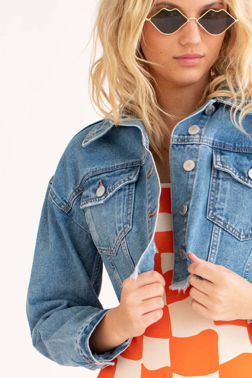 Medium Wash Raw Edge Cropped Denim Jacket