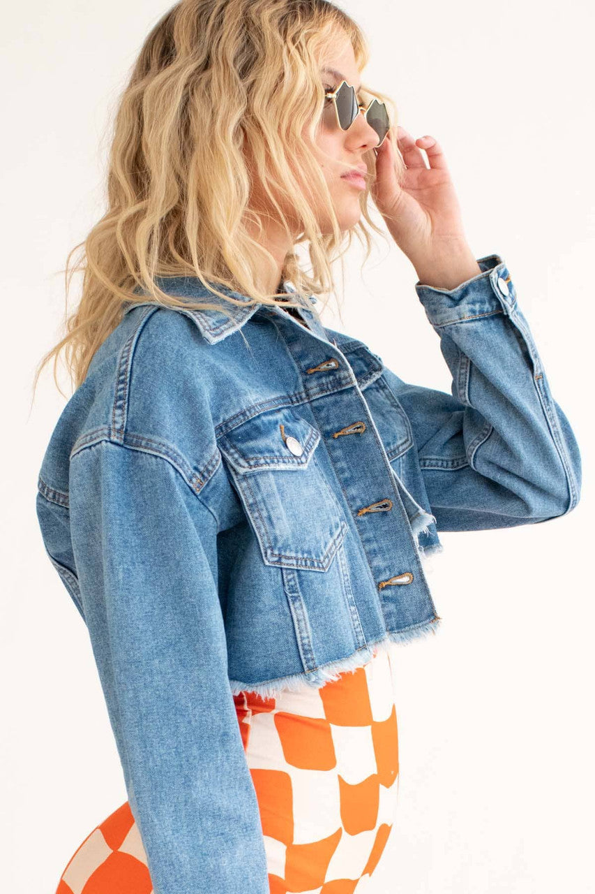Medium Wash Raw Edge Cropped Denim Jacket