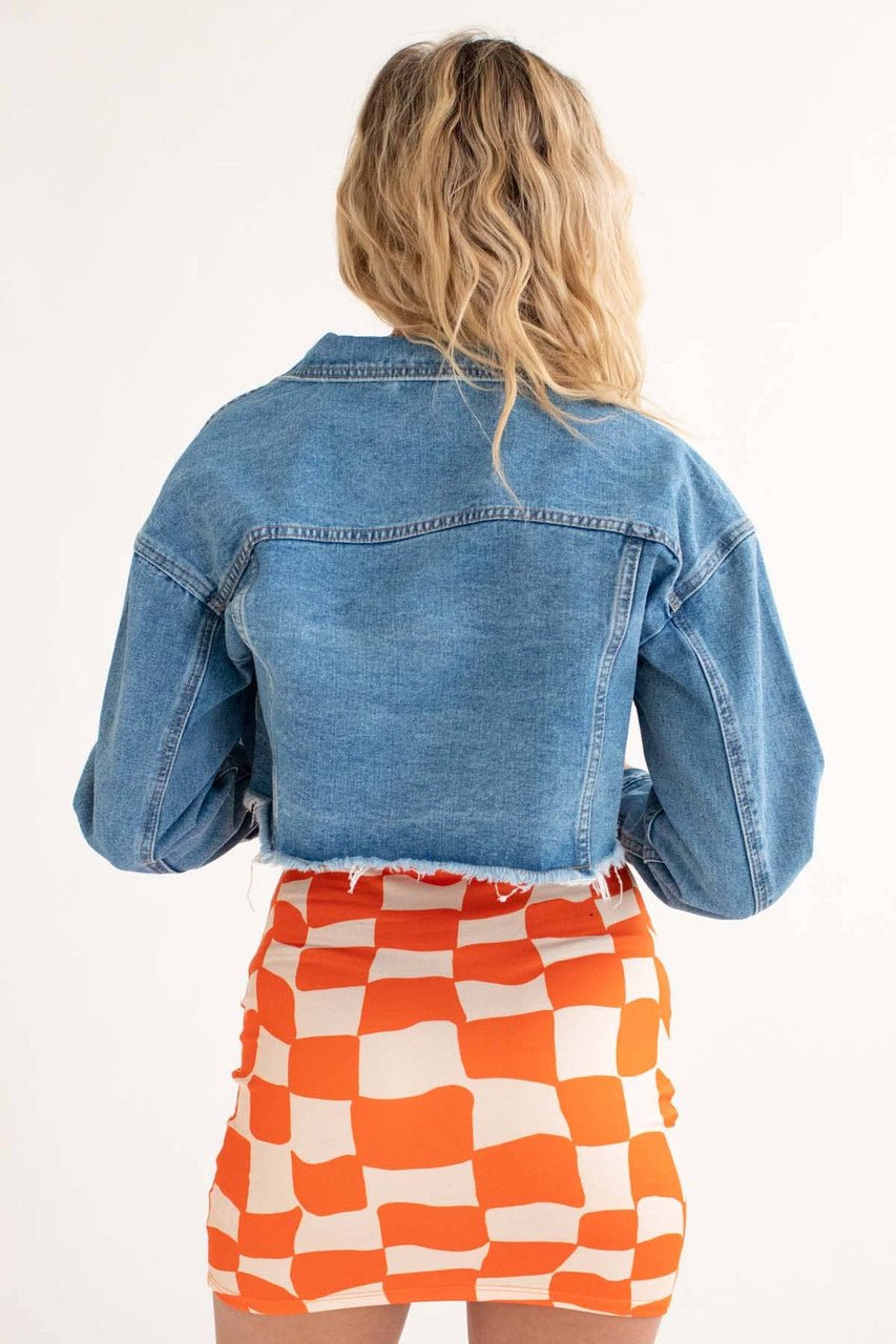Medium Wash Raw Edge Cropped Denim Jacket