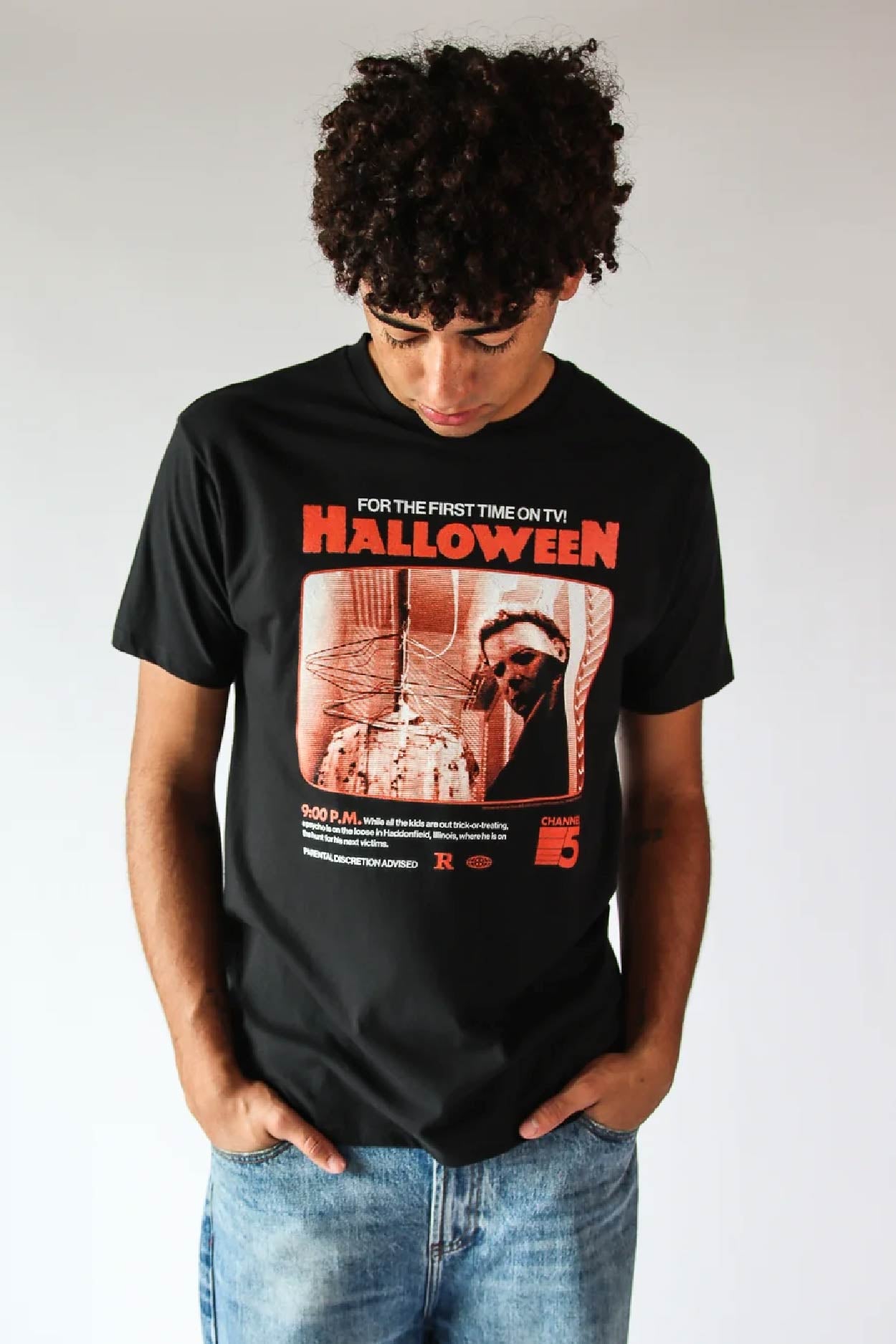 model wearing Halloween movie graphic t-shirt