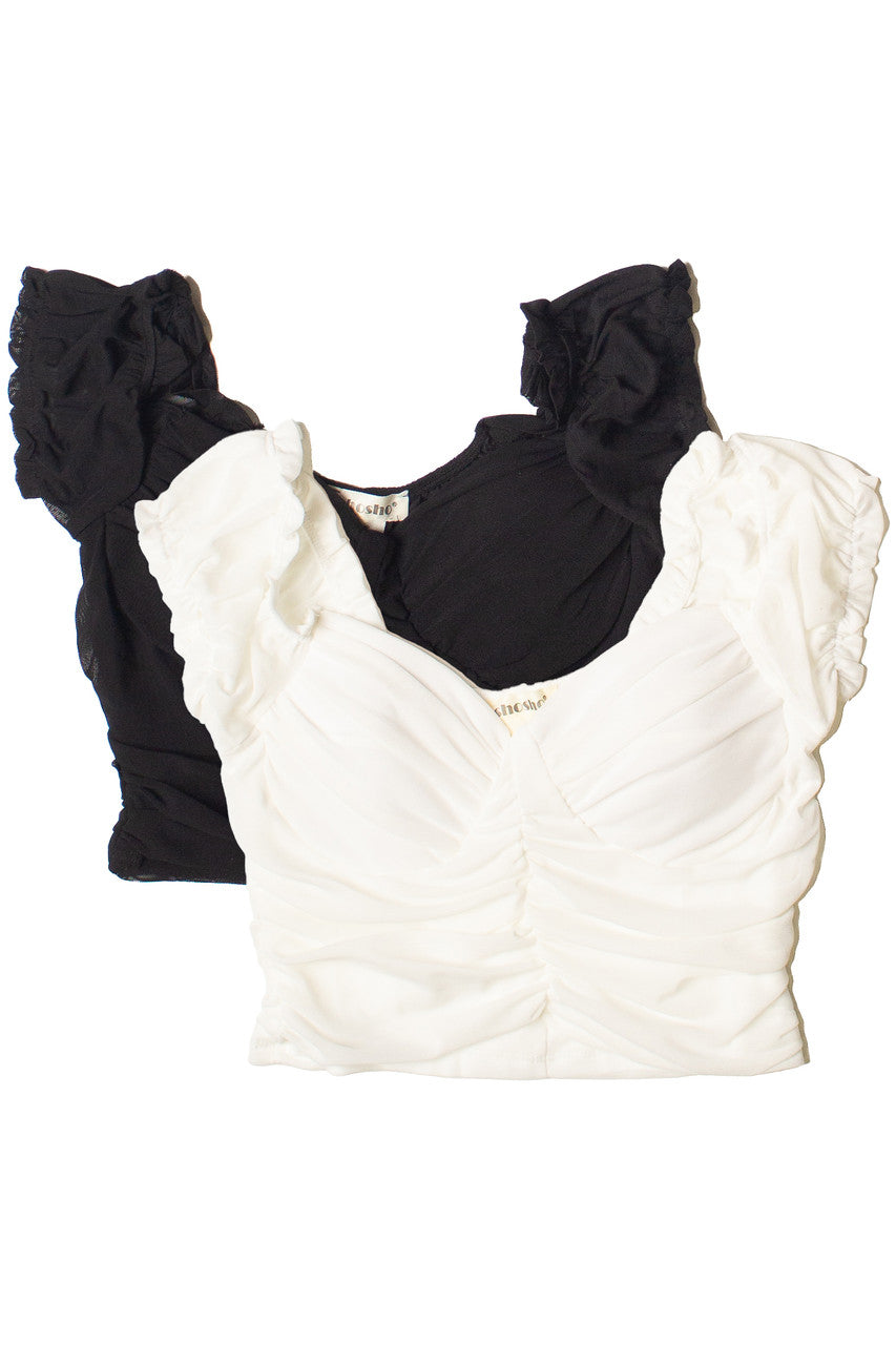 Ruched Front Puff Sleeve Mesh Top