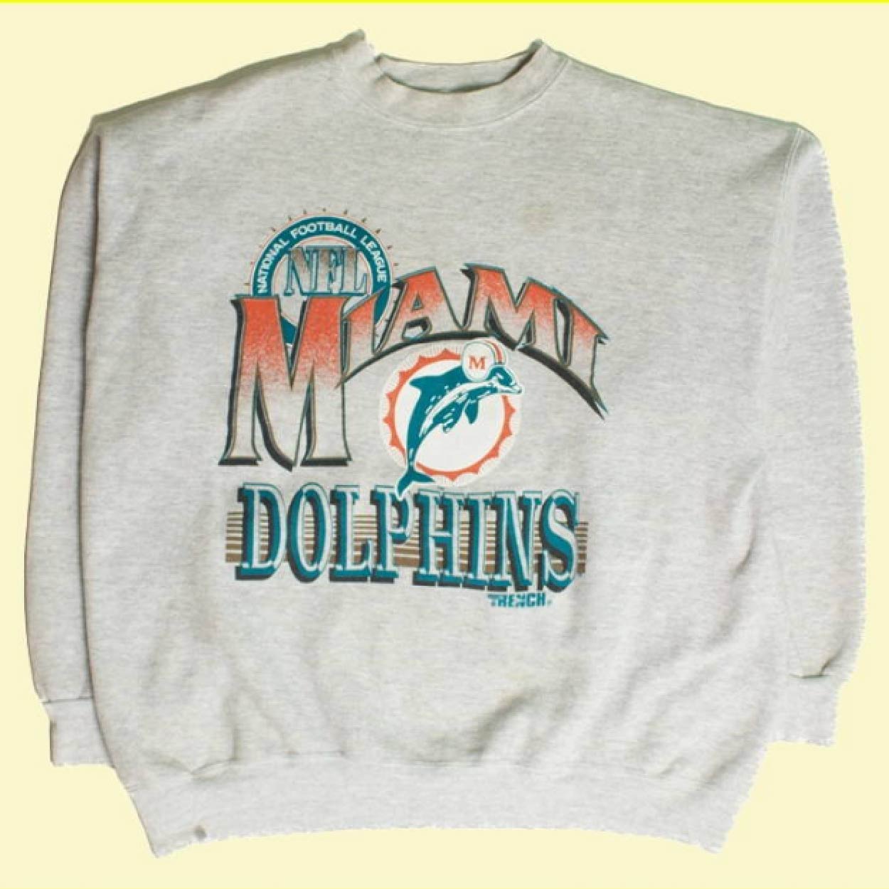 Grey Miami Dolphins 90's crewneck sweatshirt with retro teal and orange logo