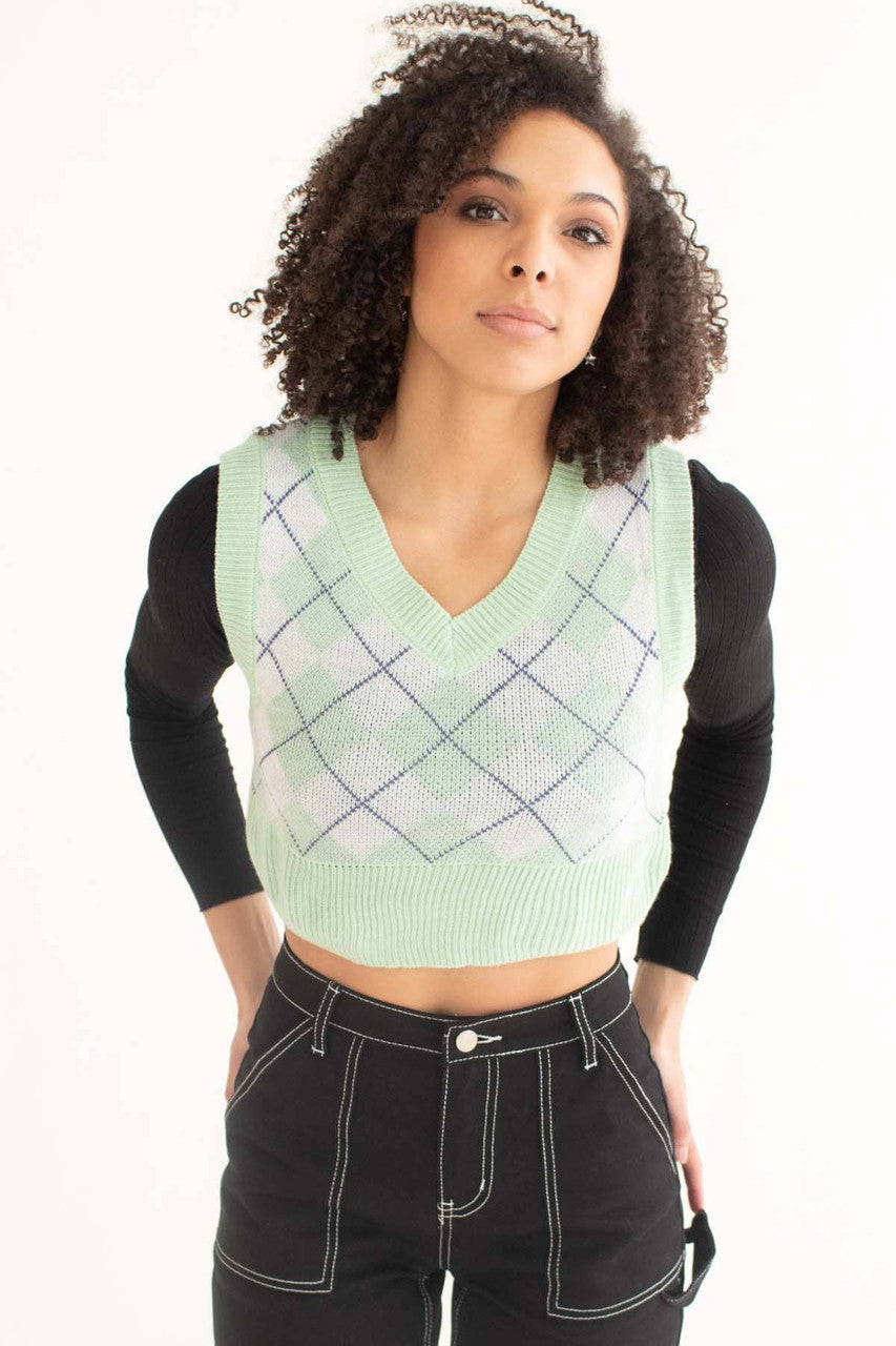 Mint Green Argyle Shrunken Sweater Vest