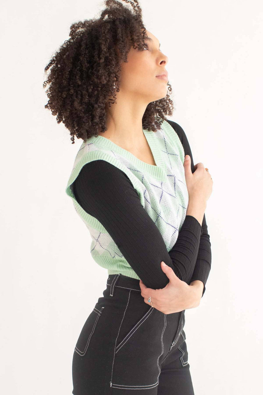 Mint Green Argyle Shrunken Sweater Vest