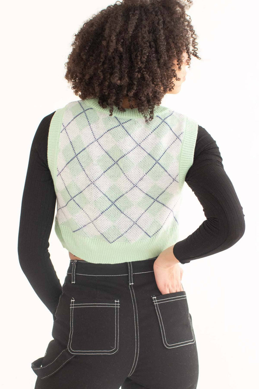 Mint Green Argyle Shrunken Sweater Vest