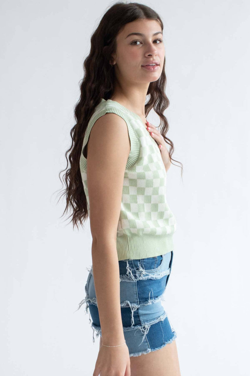 Moss Green Checkered Sweater Vest