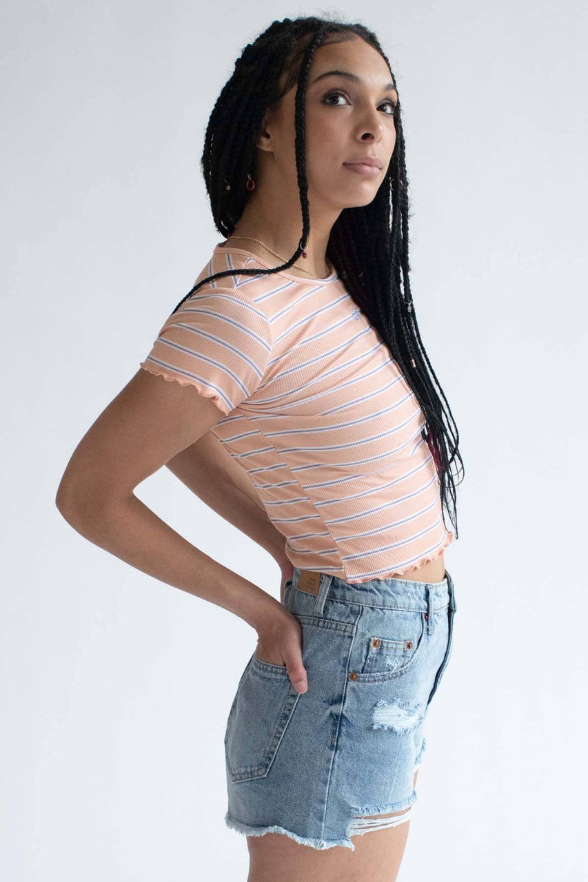 Mushroom Embroidered Apricot Striped Tee