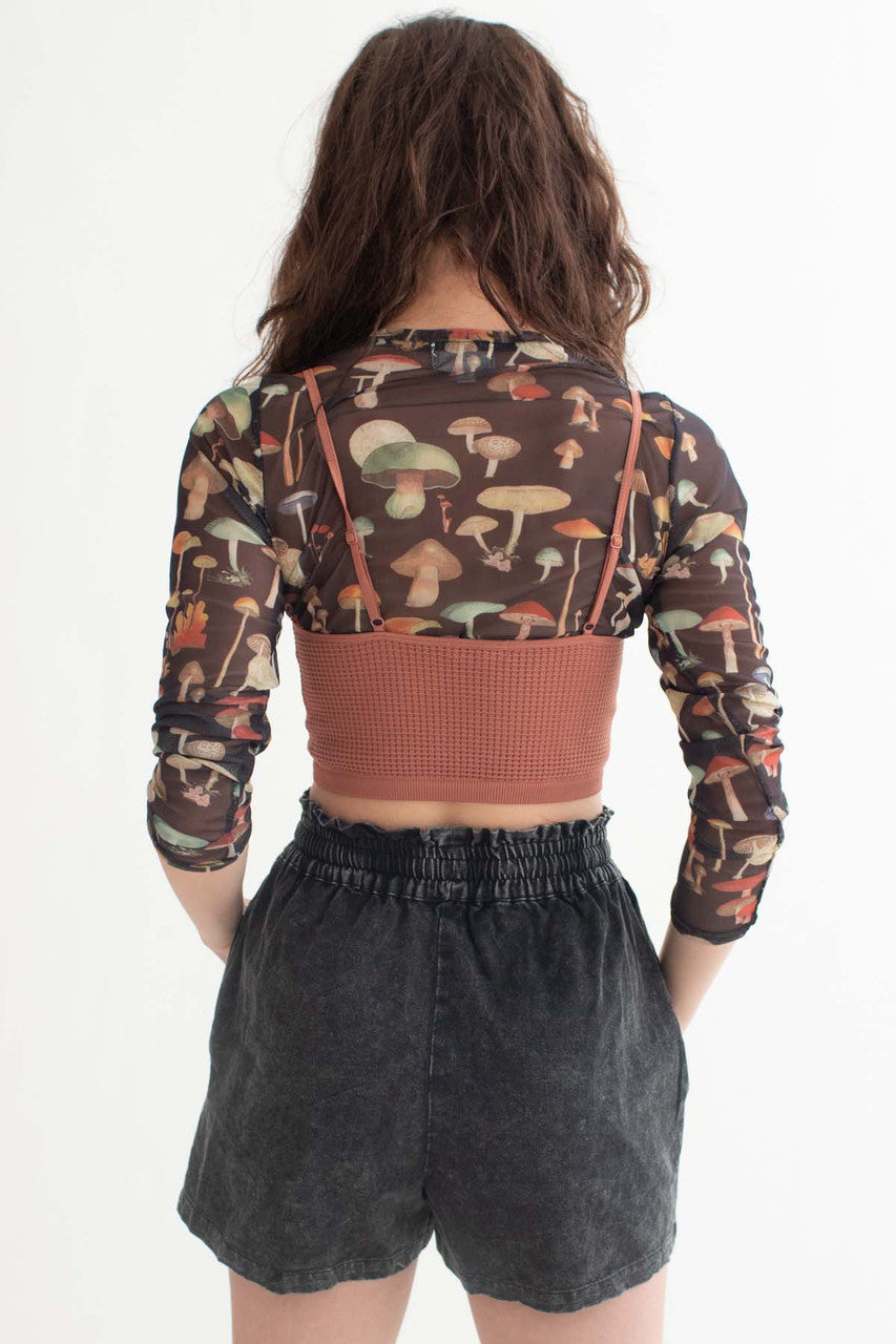 Mushroom Print Long Sleeve Mesh Top