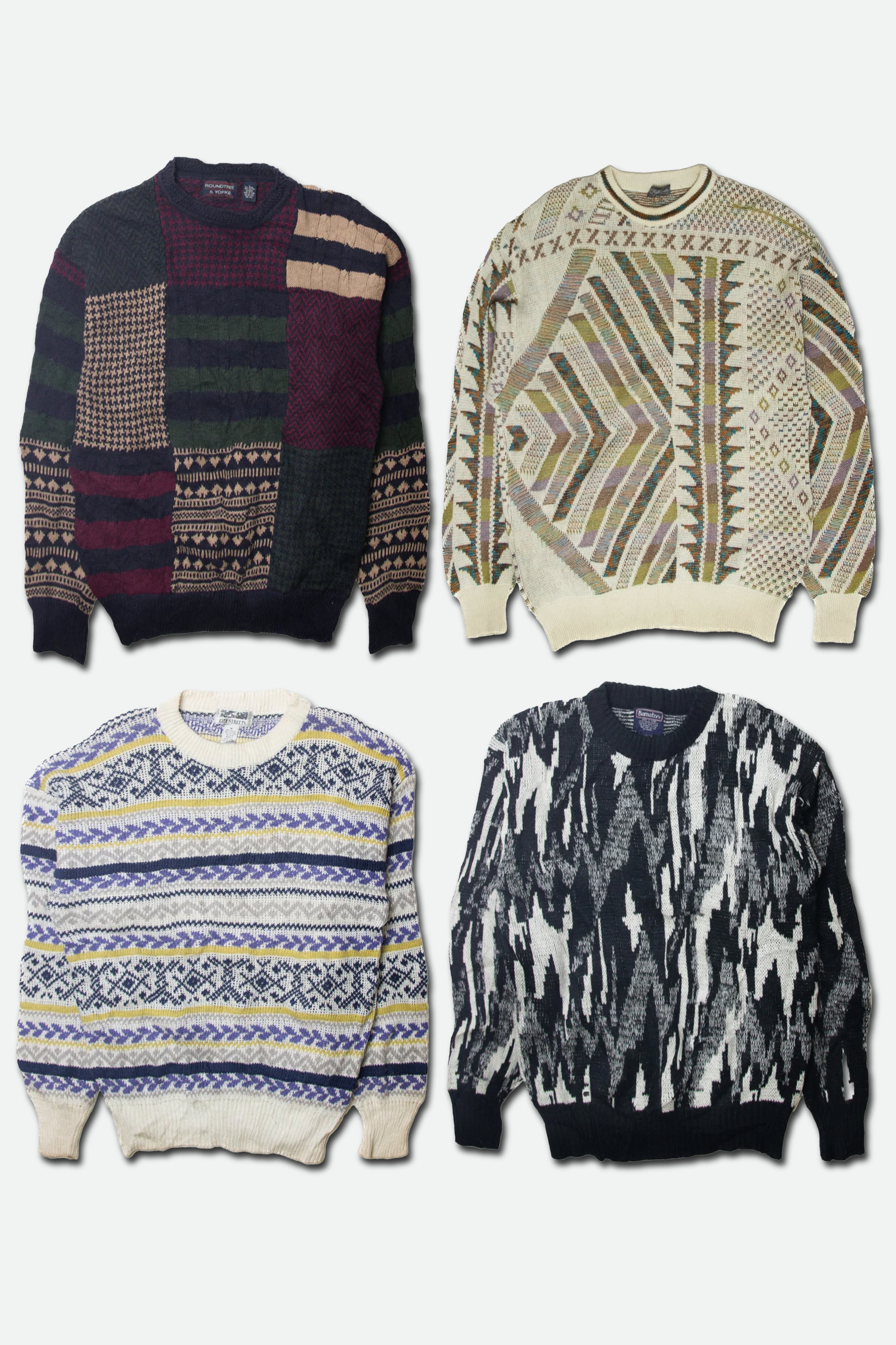 Four patterned sweaters displayed on a white background
