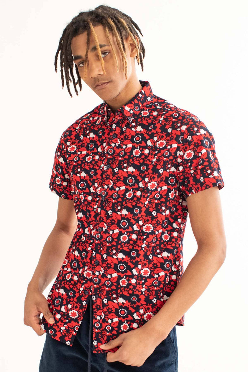 Navy & Red Ditsy Floral Woven Button Up Shirt