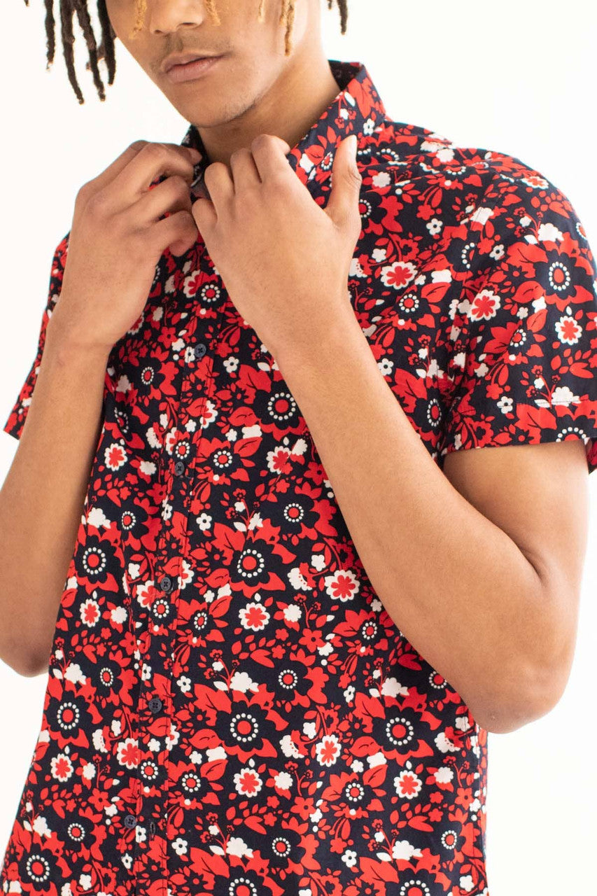 Navy & Red Ditsy Floral Woven Button Up Shirt