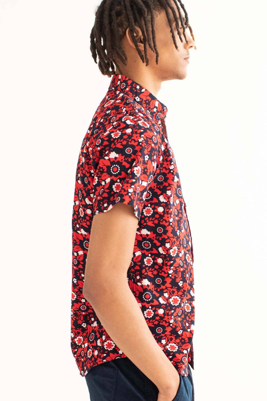 Navy & Red Ditsy Floral Woven Button Up Shirt