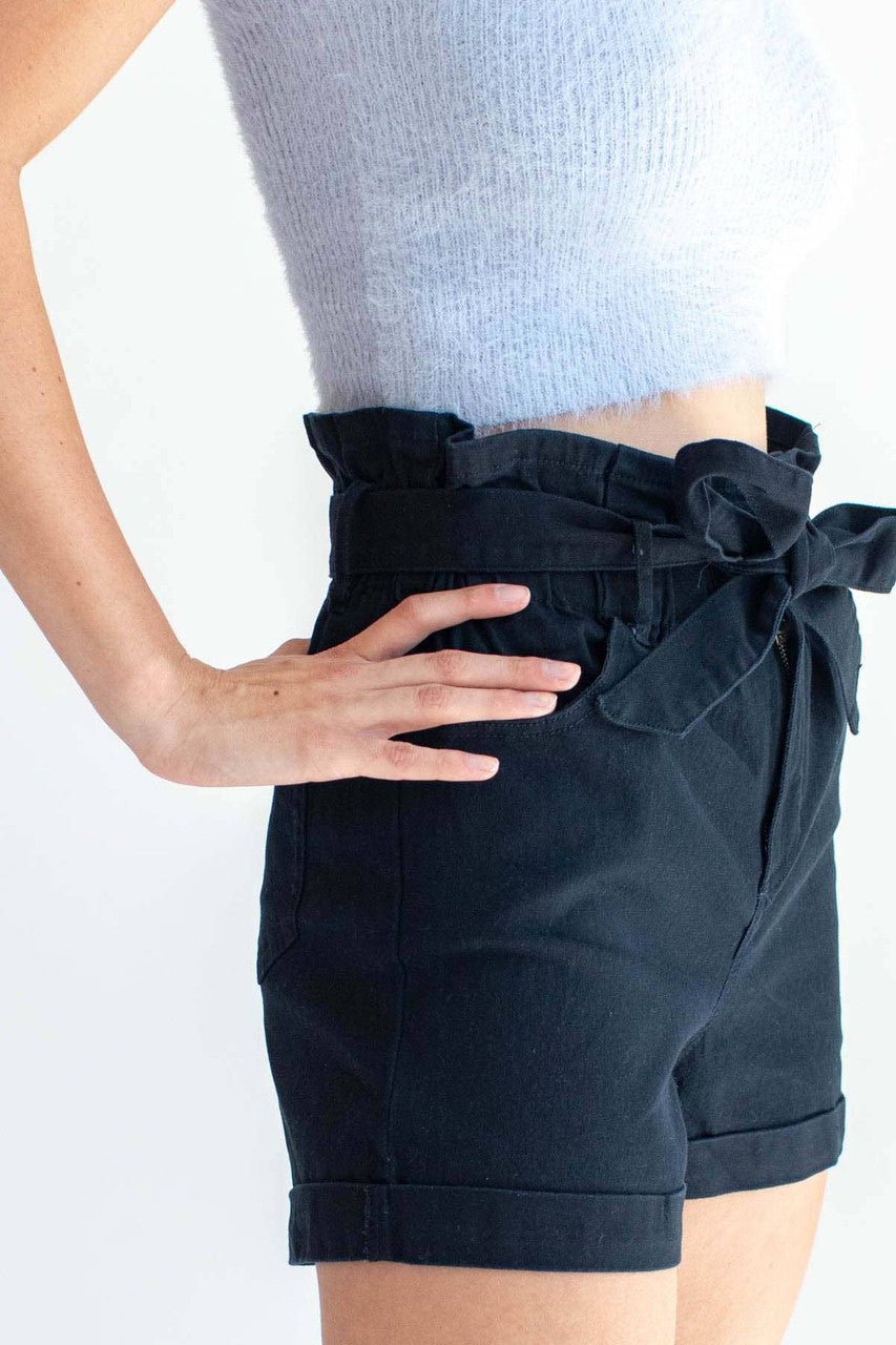 Black Paper Bag Waist Cuffed Shorts