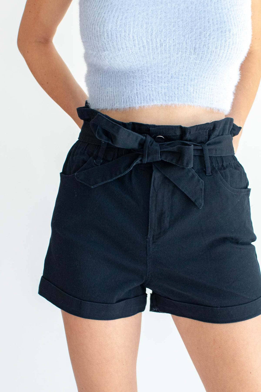 Black Paper Bag Waist Cuffed Shorts