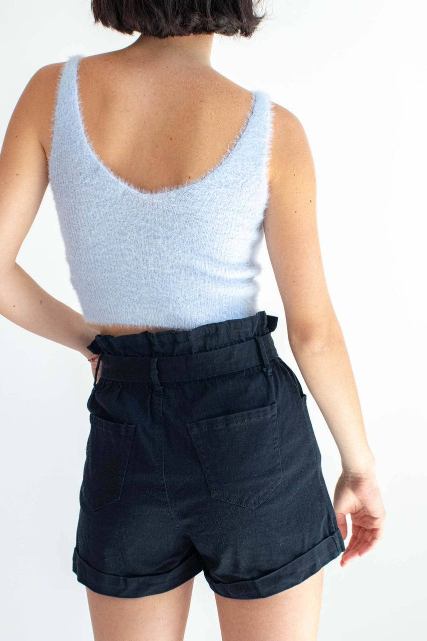 Black Paper Bag Waist Cuffed Shorts