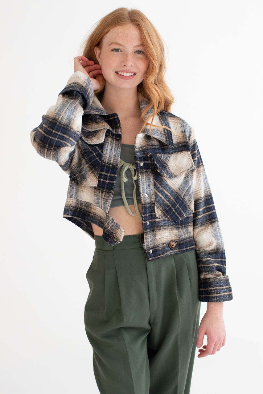 Navy Plaid Short Field Jacket