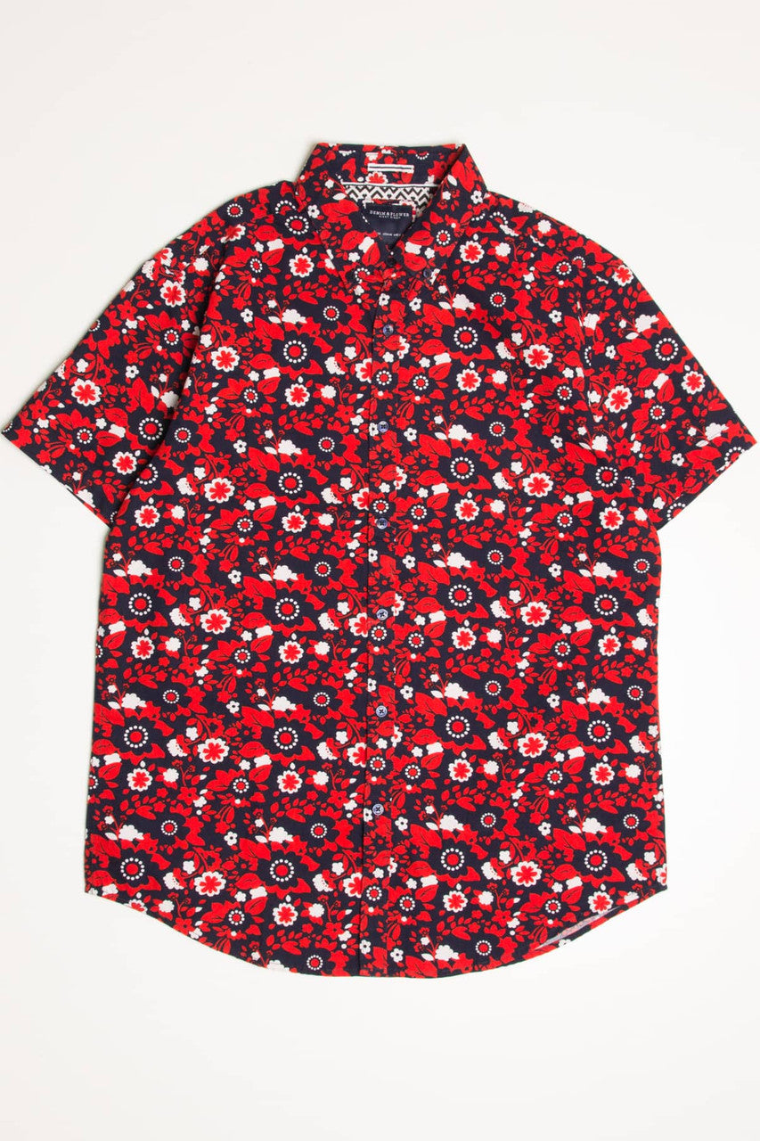Navy & Red Ditsy Floral Woven Button Up Shirt