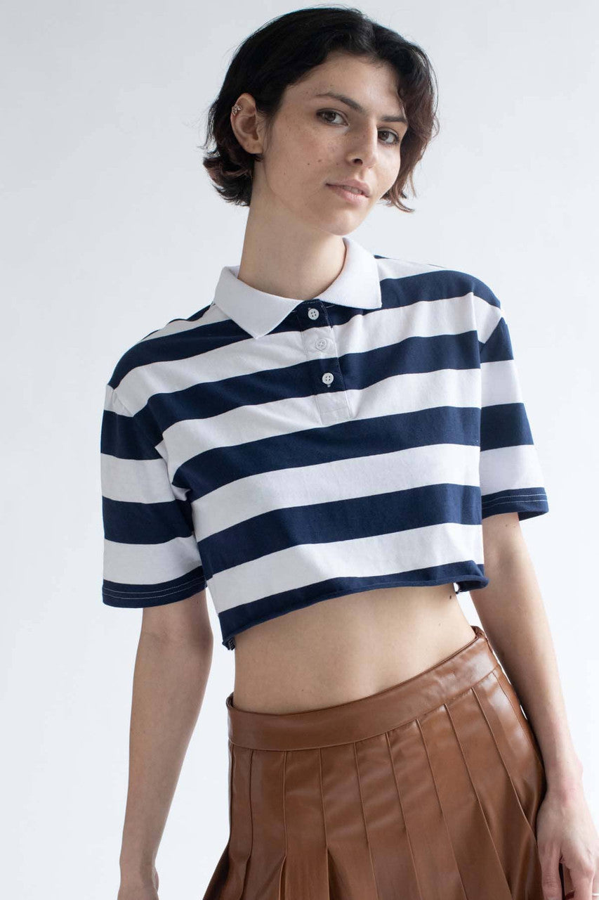 Navy Striped Boxy Cropped Polo