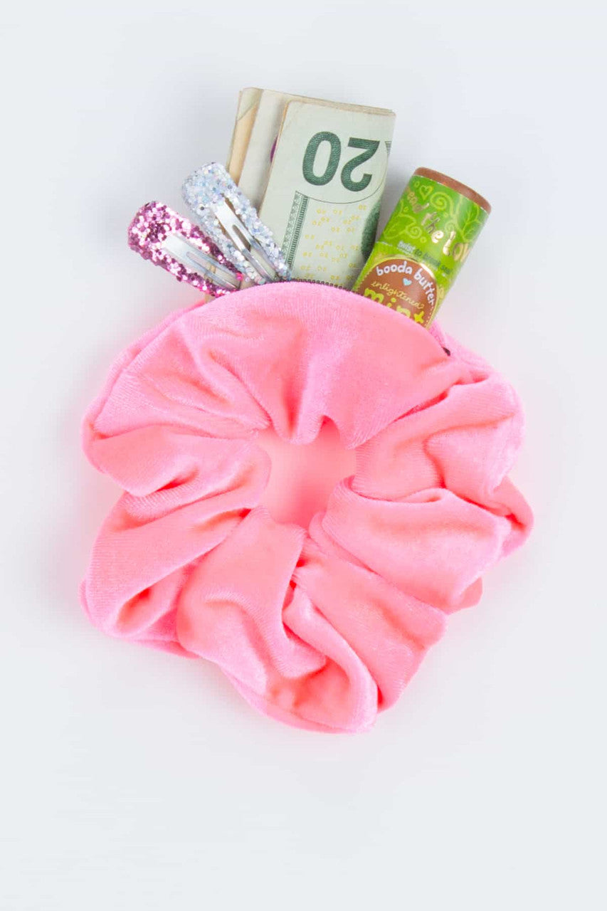 Neon Pink Velvet Zip Stash Pocket Scrunchie