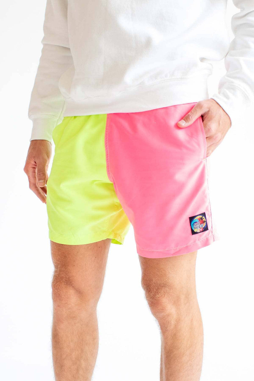 Neon Yellow & Pink Color Blocked Swim Shorts