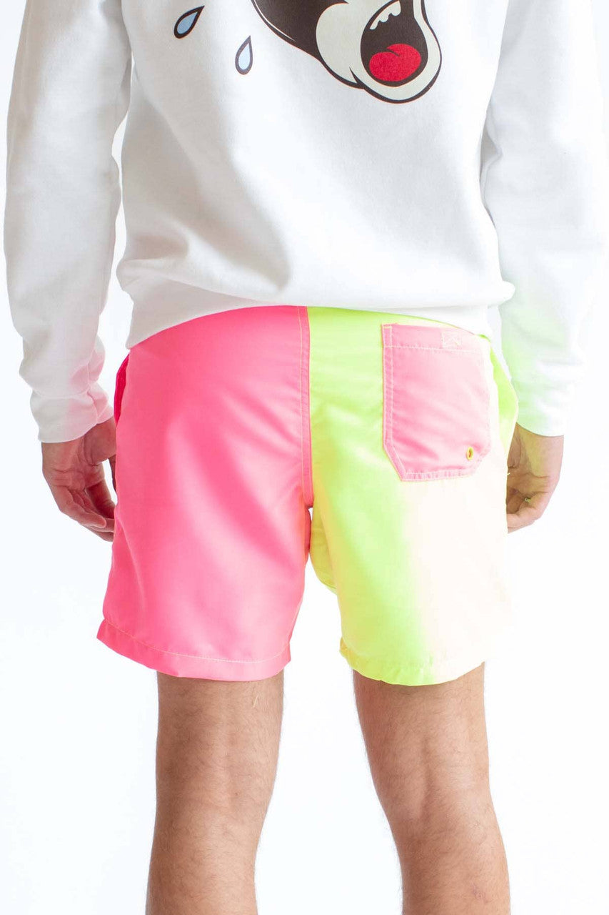Neon Yellow & Pink Color Blocked Swim Shorts