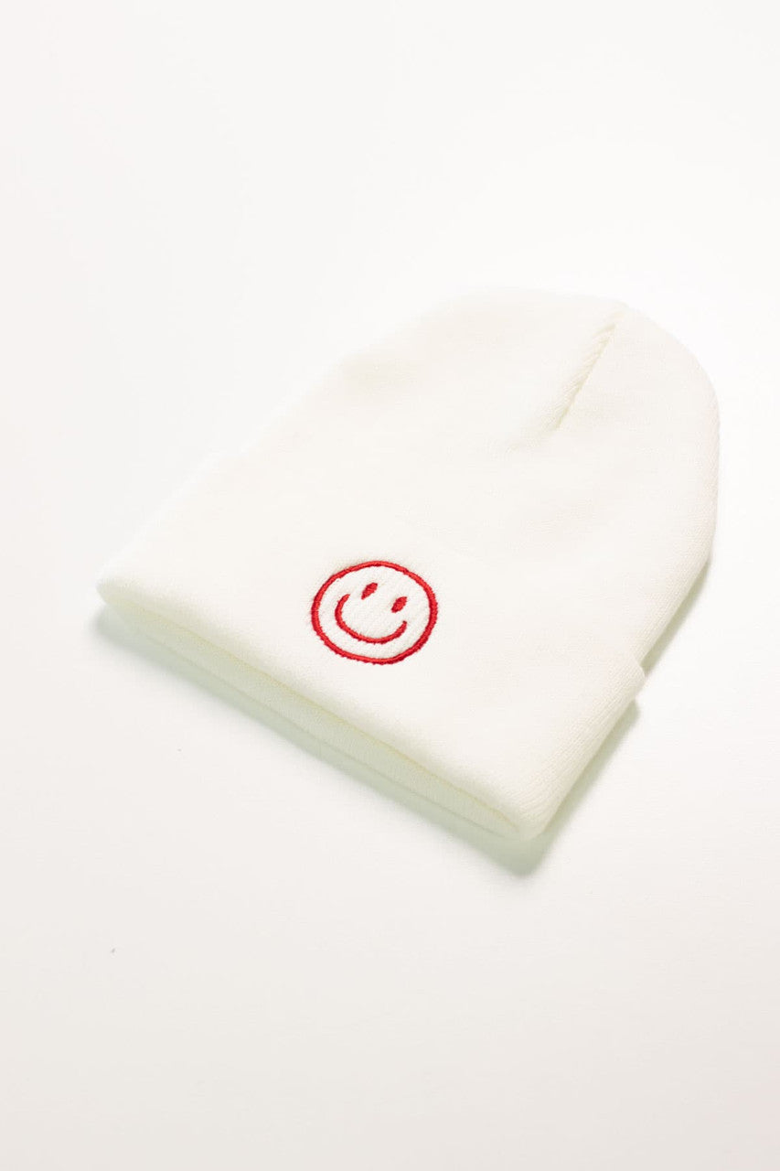 White Smiley Face Knit Beanie