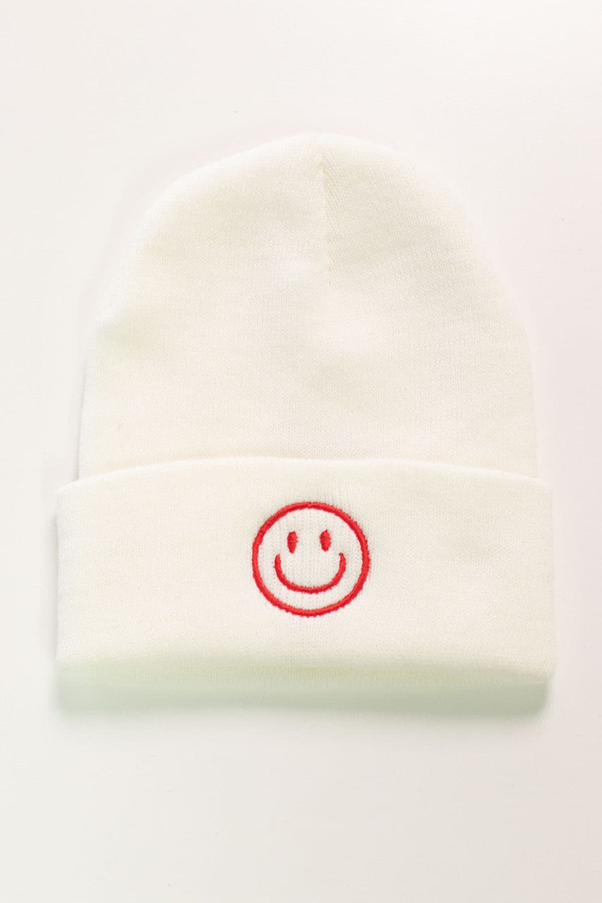 White Smiley Face Knit Beanie