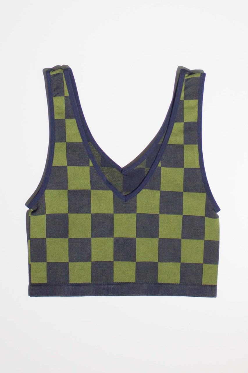 Green & Navy Checkered Seamless Crop Tank