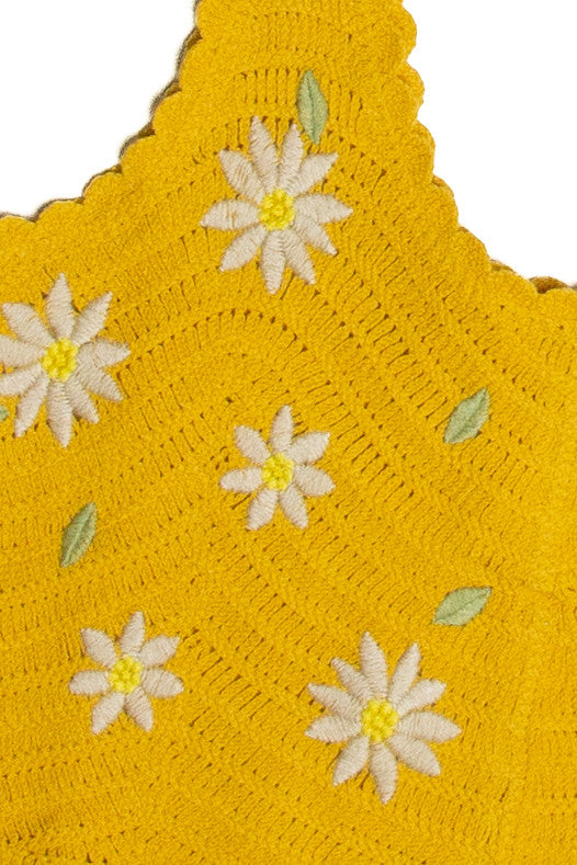 Yellow Daisy Embroidered Crochet Tank