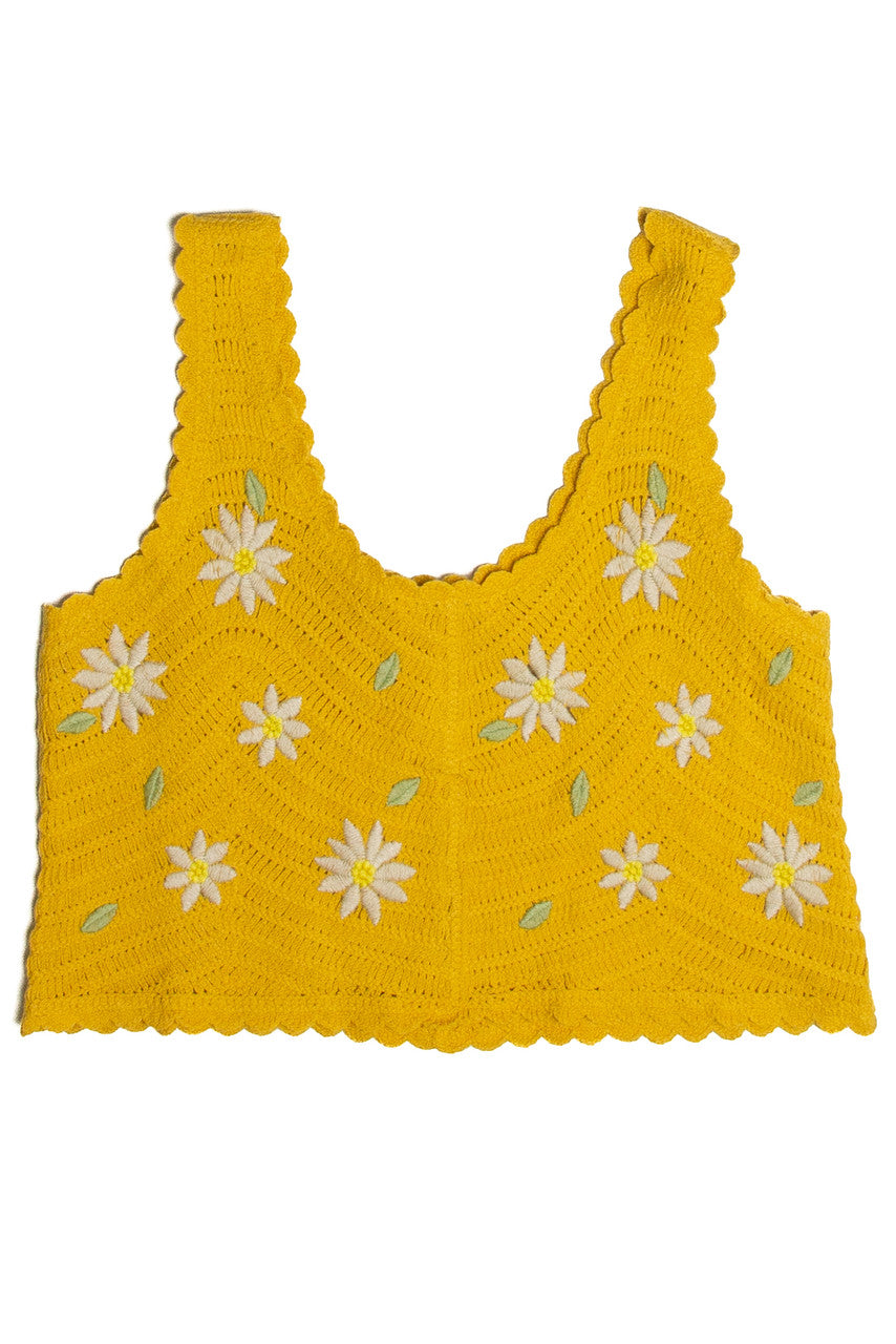Yellow Daisy Embroidered Crochet Tank