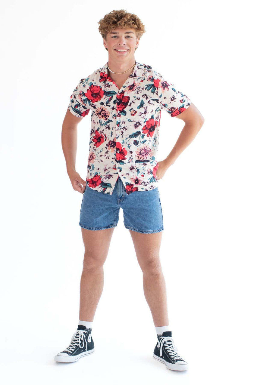 Off White Button Up Shirt w/ Red Floral Pattern
