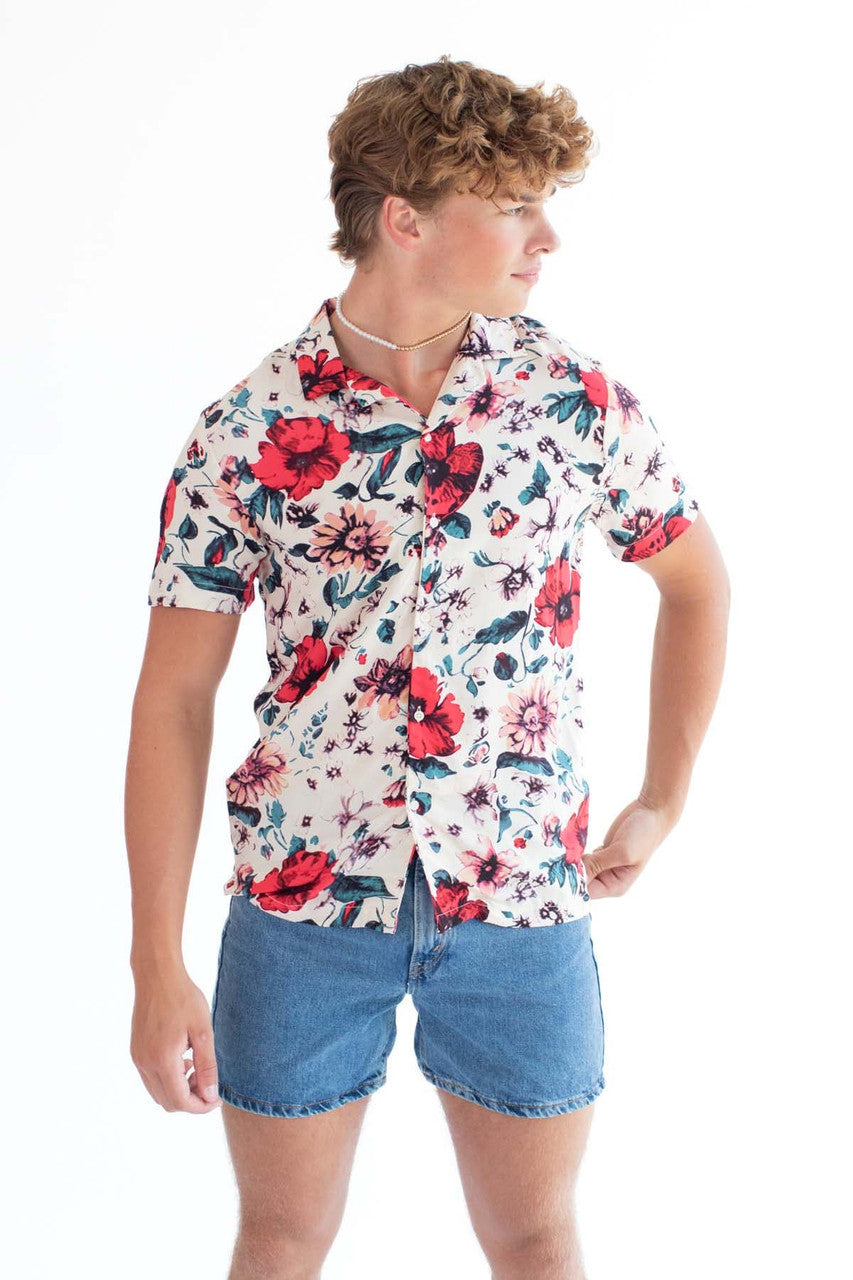 Off White Button Up Shirt w/ Red Floral Pattern
