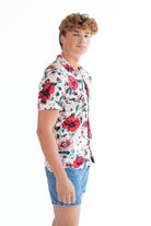 Off White Button Up Shirt w/ Red Floral Pattern