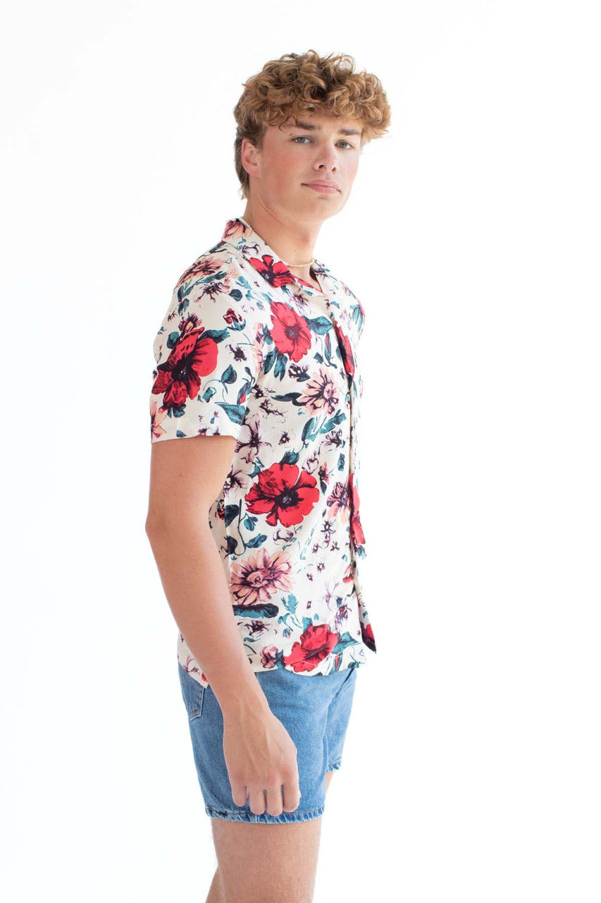 Off White Button Up Shirt w/ Red Floral Pattern