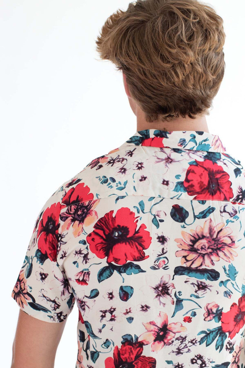 Off White Button Up Shirt w/ Red Floral Pattern