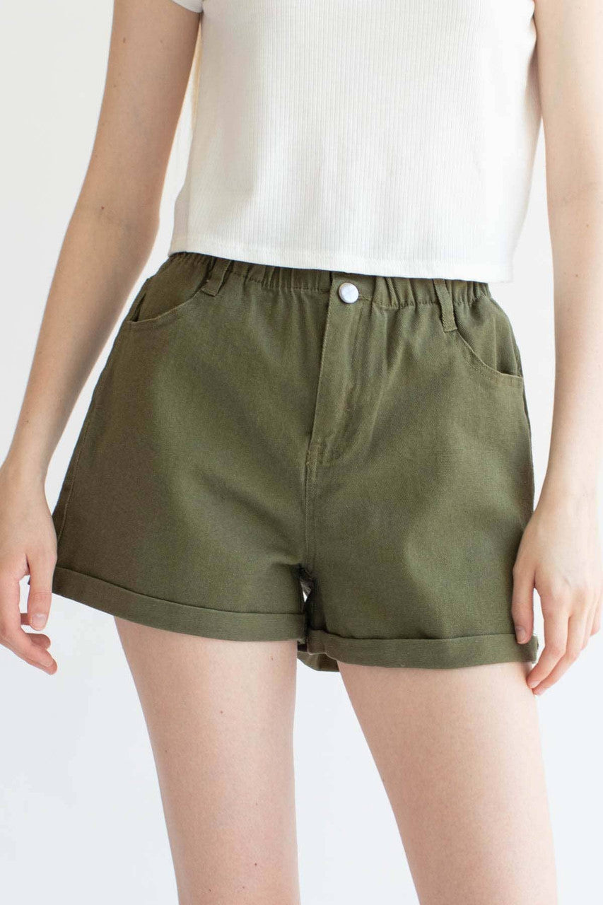 Olive Cuffed Paper Bag Waist Denim Shorts