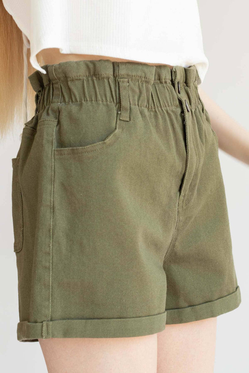 Olive Cuffed Paper Bag Waist Denim Shorts