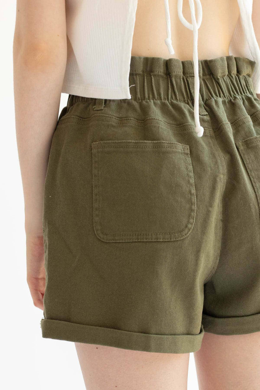 Olive Cuffed Paper Bag Waist Denim Shorts