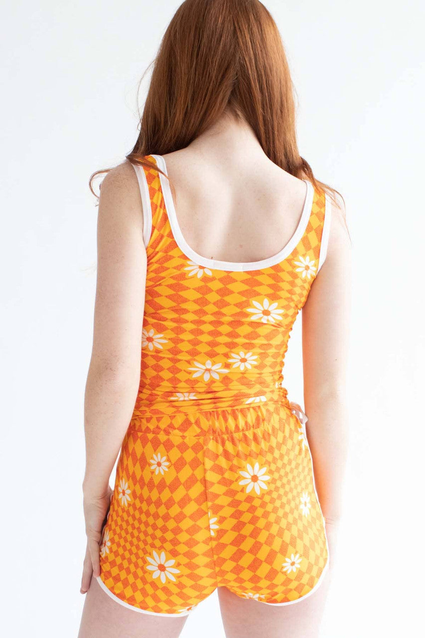 Orange Checkered Daisy Ruched Side Tank