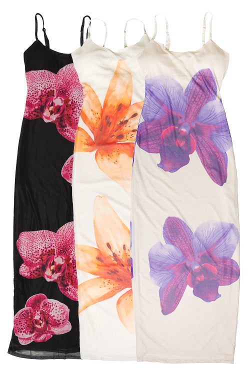 Large Flower Print Mesh Maxi Dresses
