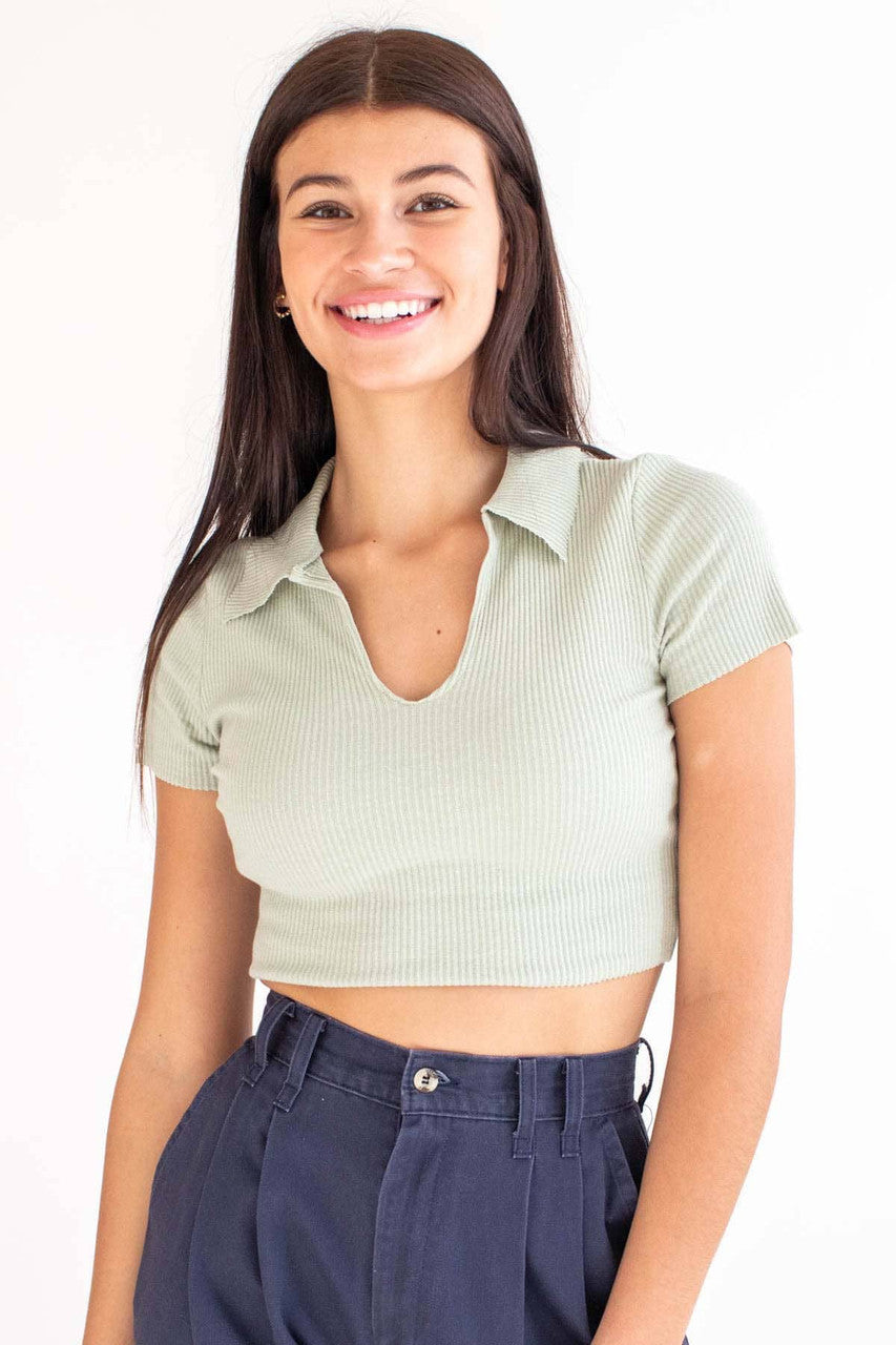 Sage Raw Edge Ribbed Crop Polo