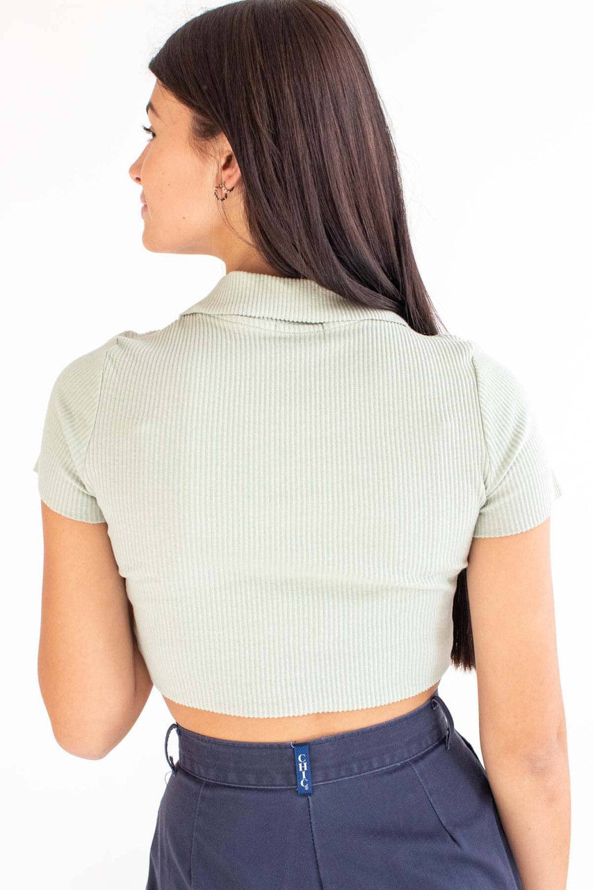 Sage Raw Edge Ribbed Crop Polo
