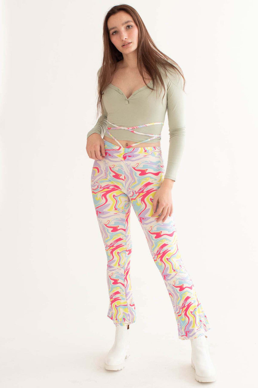 Pastel Marble Wrap Waist Bell Bottoms