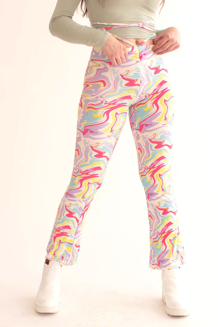 Pastel Marble Wrap Waist Bell Bottoms